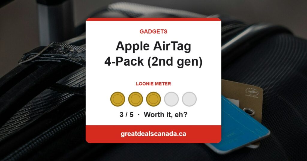 Apple AirTag 4-pack deal, rated 3 out of 5 loonies